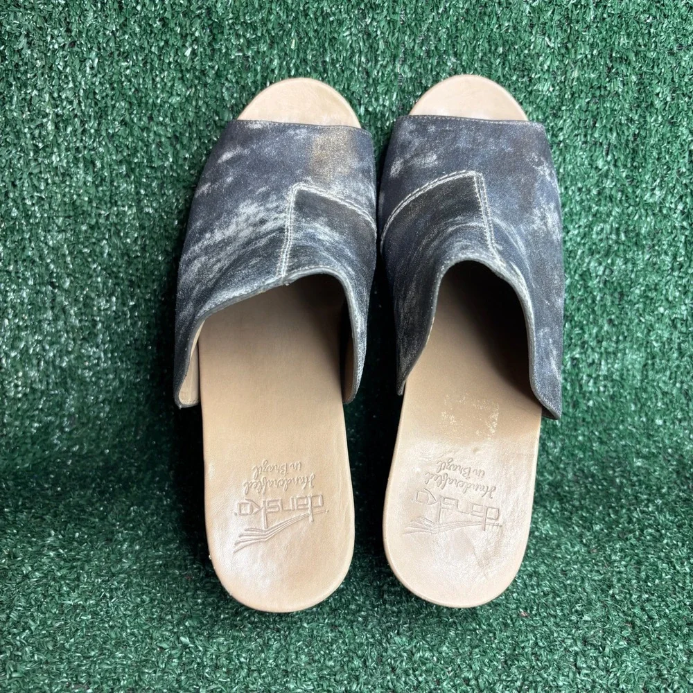 Dansko Metallic Leather Peep Toe Cutout Wedge Sandal Mule Grey Womens Sz 10.5-11